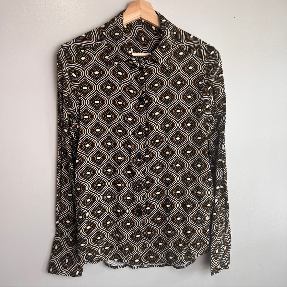 Zara Retro Geometric Print Long Sleeve Button-Up Shirt Women’s 18.5” ptp